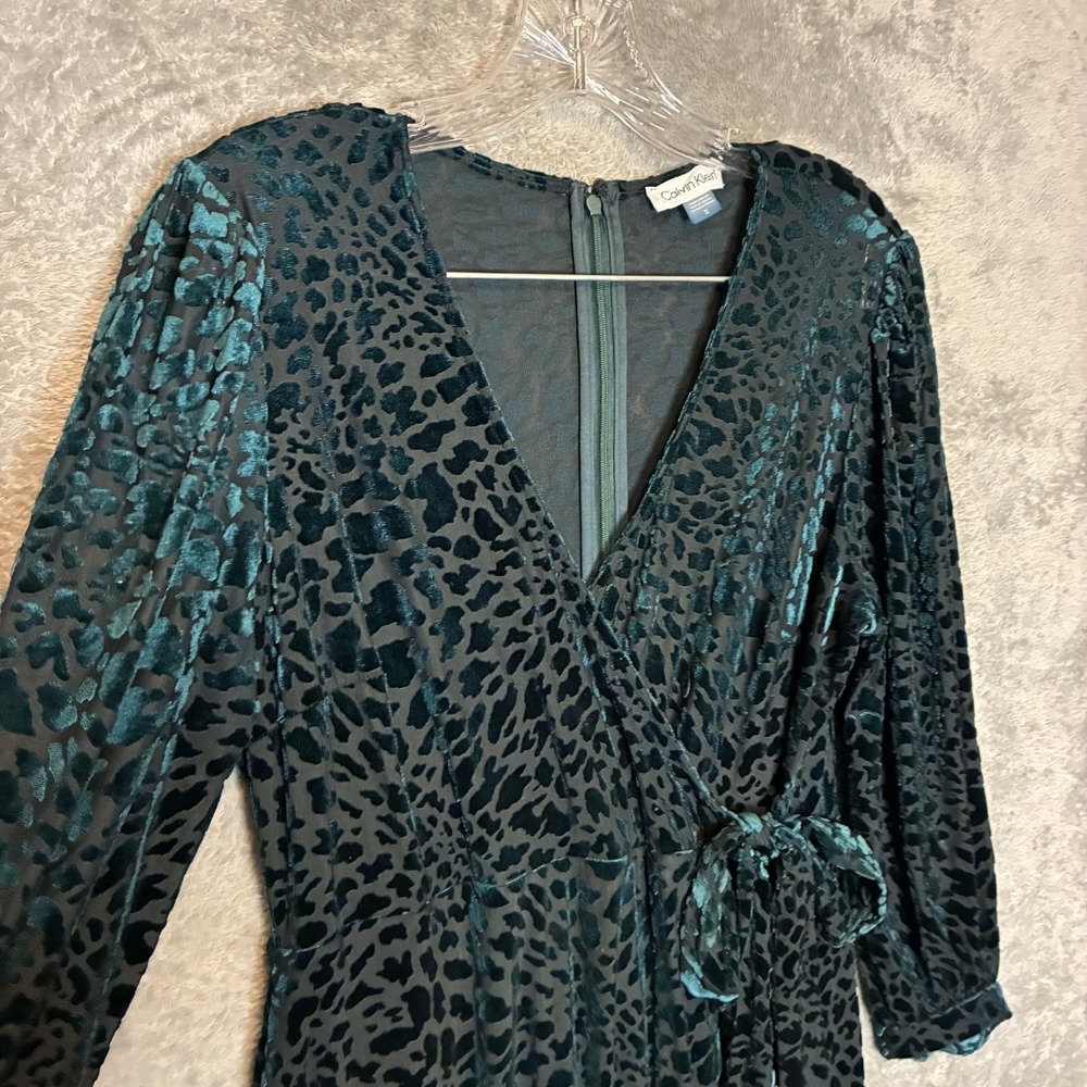 Calvin Klein Womens Burnout Velvet Animal Print Faux Wrap Dress 12 Emerald Green
